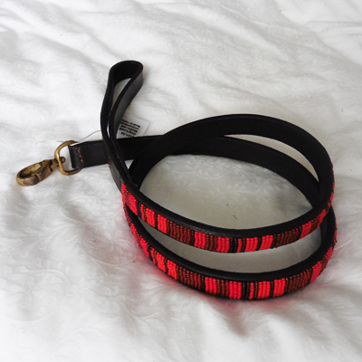 Mwitu red Leather beaded Dog Collar